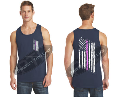 Navy Thin Pink Line Tattered American Flag Tank Top