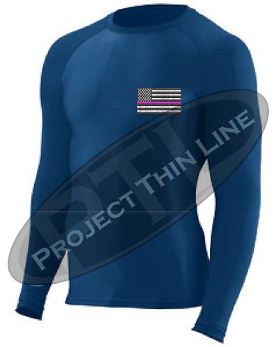 Navy Embroidered Thin PINK Line American Flag Long Sleeve Compression Shirt