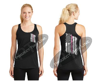 Black Tattered Thin Pink Line American Flag Racerback Tank Top