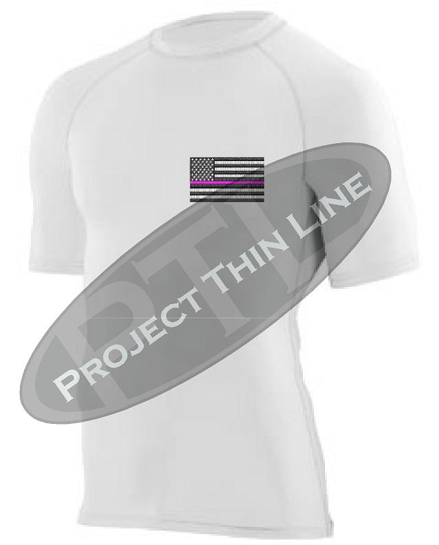 White Embroidered Thin PINK Line American Flag Short Sleeve Compression Shirt