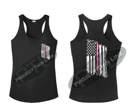 Black Tattered Thin Pink Line American Flag Racerback Tank Top