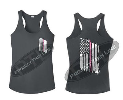 Charcoal Tattered Thin Pink Line American Flag Racerback Tank Top