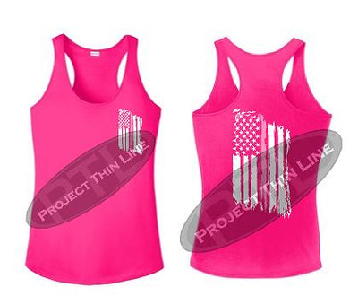 Pink Tattered Thin Pink Line American Flag Racerback Tank Top