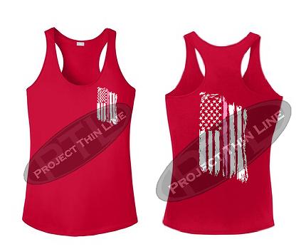 Red Tattered Thin Pink Line American Flag Racerback Tank Top