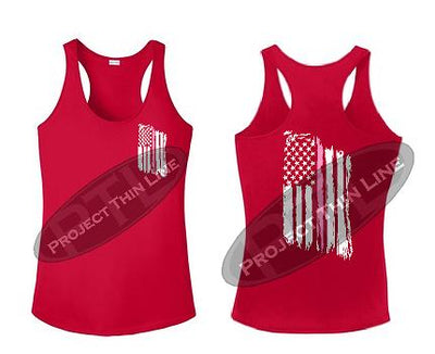 Red Tattered Thin Pink Line American Flag Racerback Tank Top