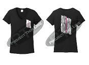 Black Women's Thin Pink Line Tattered American Flag V Neck Cap Short Sleeve Shirt