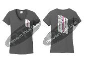 Charcoal Women's Thin Pink Line Tattered American Flag V Neck Cap Short Sleeve Shirt