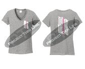 Grey Women's Thin Pink Line Tattered American Flag V Neck Cap Short Sleeve Shirt