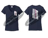 Navy Women's Thin Pink Line Tattered American Flag V Neck Cap Short Sleeve Shirt