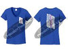 Royal Blue Women's Thin Pink Line Tattered American Flag V Neck Cap Short Sleeve Shirt