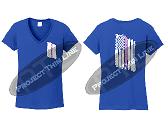 Royal Blue Women's Thin Pink Line Tattered American Flag V Neck Cap Short Sleeve Shirt