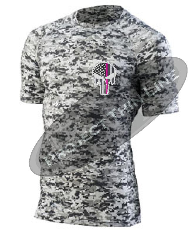 Digital Camo Embroidered Thin PINK Line Punisher Skull inlayed American Flag Short Sleeve Compression Shirt