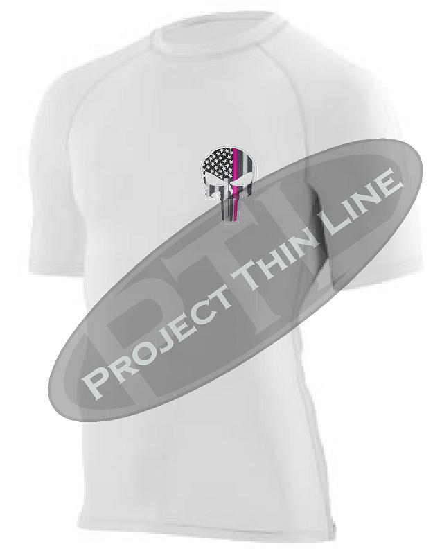 White Embroidered Thin PINK Line Punisher Skull inlayed American Flag Short Sleeve Compression Shirt