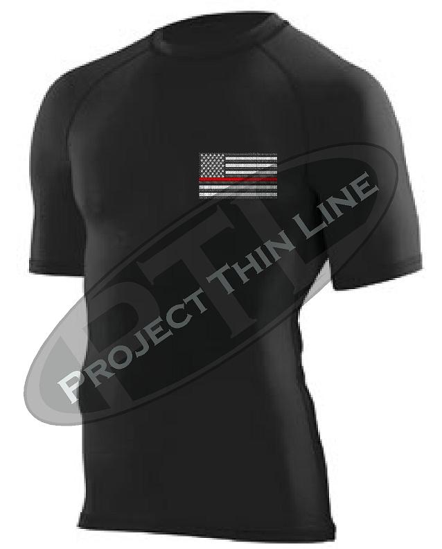Black Embroidered Thin RED Line American Flag Short Sleeve Compression Shirt