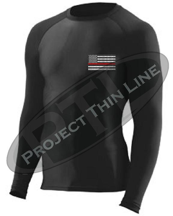 Embroidered Thin RED Line American Flag Long Sleeve Compression Shirt
