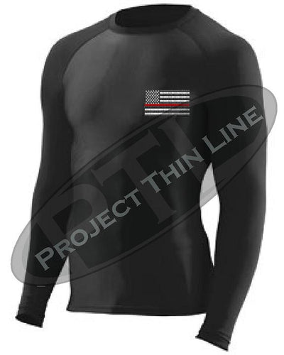 Black Embroidered Thin RED Line American Flag Long Sleeve Compression Shirt