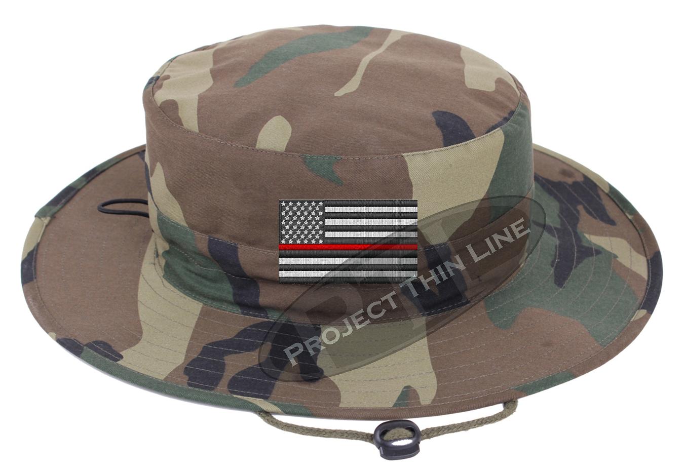 Embroidered Thin RED Line American Flag Boonie Adjustable Hat