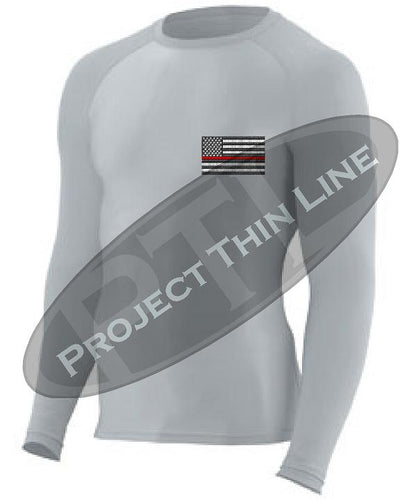 Light Grey Embroidered Thin RED Line American Flag Long Sleeve Compression Shirt