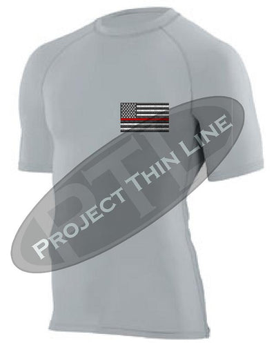 Light Grey Embroidered Thin RED Line American Flag Short Sleeve Compression Shirt