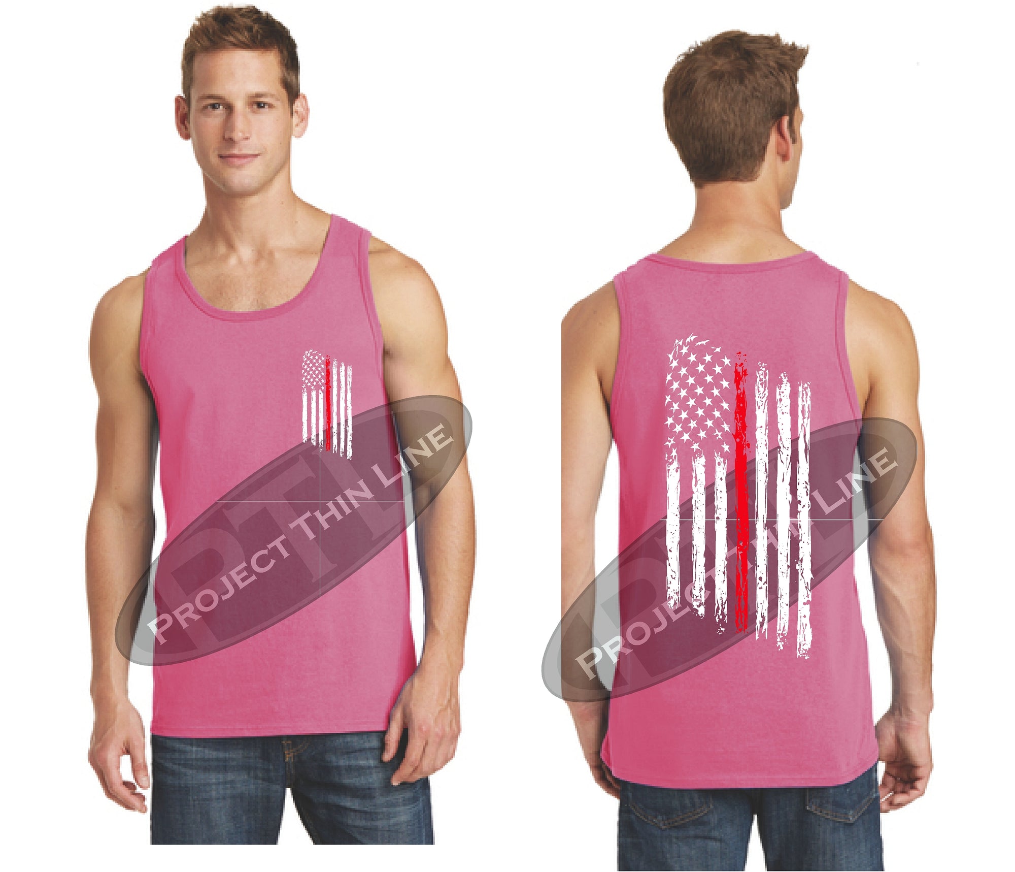 Pink Thin Red Line Tattered American Flag Tank Top