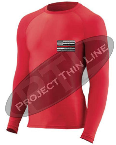 Red Embroidered Thin RED Line American Flag Long Sleeve Compression Shirt