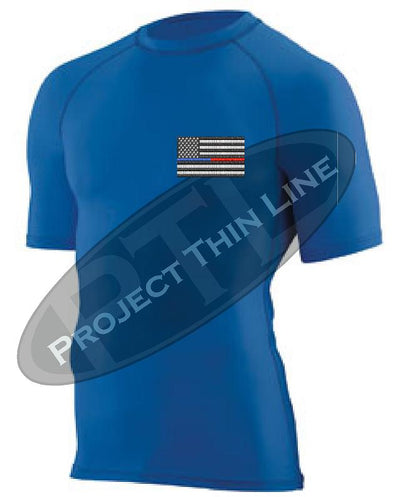Royal Embroidered Thin Blue / RED Line American Flag Short Sleeve Compression Shirt