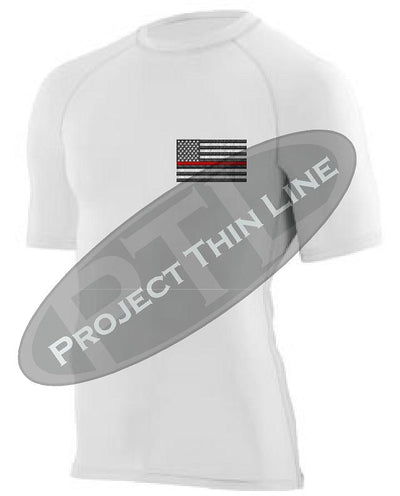 White Embroidered Thin RED Line American Flag Short Sleeve Compression Shirt