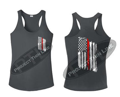Charcoal Tattered Thin RED Line American Flag Racerback Tank Top