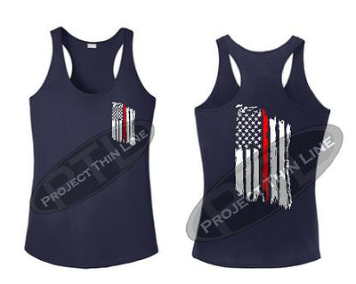 Navy Blue Tattered Thin RED Line American Flag Racerback Tank Top