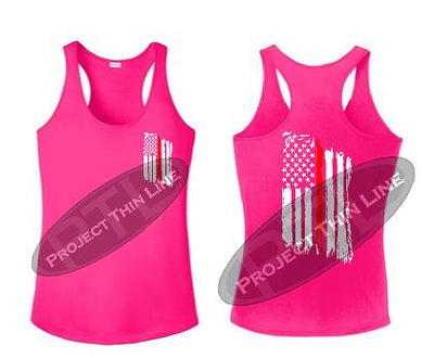 Pink Tattered Thin RED Line American Flag Racerback Tank Top