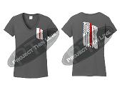 Charcoal Women's Thin RED Line Tattered American Flag V Neck Short Sleeve Shirt