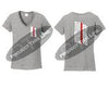 Grey Women's Thin RED Line Tattered American Flag V Neck Short Sleeve Shirt