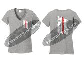 Grey Women's Thin RED Line Tattered American Flag V Neck Short Sleeve Shirt
