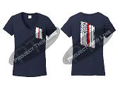 Navy Blue Women's Thin RED Line Tattered American Flag V Neck Short Sleeve Shirt