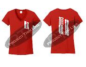 Red Women's Thin RED Line Tattered American Flag V Neck Short Sleeve Shirt