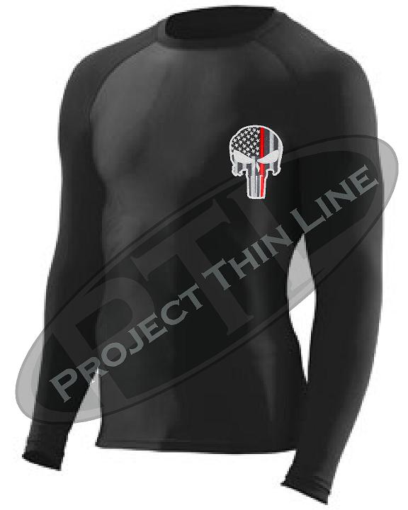 Black Embroidered Thin RED Line Punisher Skull inlayed American Flag Long Sleeve Compression Shirt