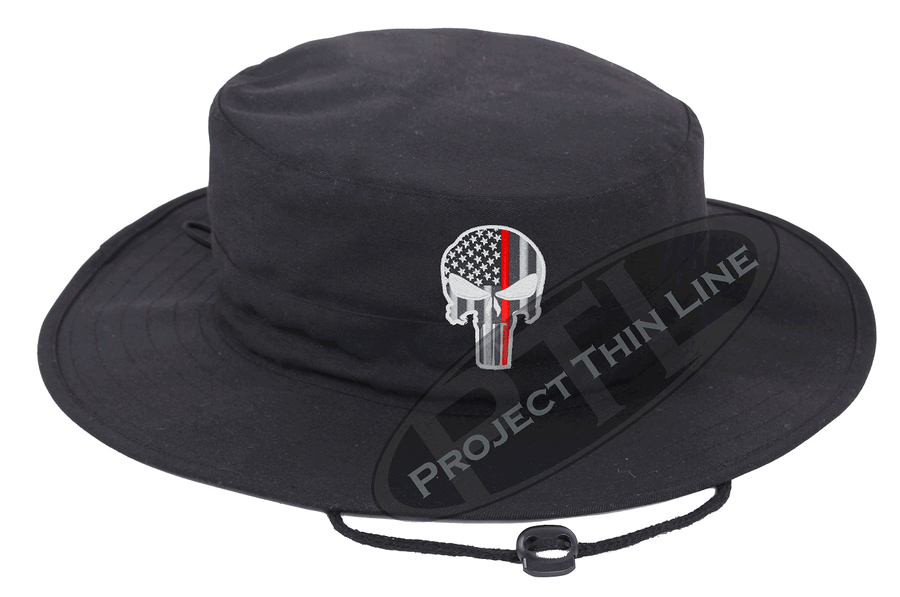 Embroidered Thin RED Line Punisher Skull inlayed with the American Flag Boonie Adjustable Hat