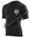 Black Embroidered Thin RED Line Punisher Skull inlayed American Flag Short Sleeve Compression Shirt