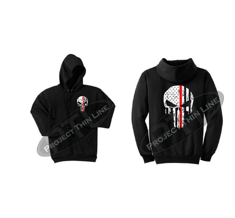 Thin RED Line Punisher Skull inlayed with the Tattered American Flag Hooded Sweatshirt