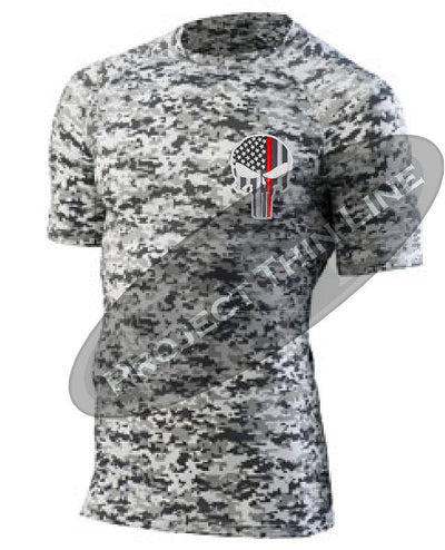 Digital Camo Embroidered Thin RED Line Punisher Skull inlayed American Flag Short Sleeve Compression Shirt
