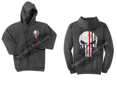 Charcoal Thin RED Line Punisher Skull inlayed with the Tattered American Flag Hooded Sweatshirt