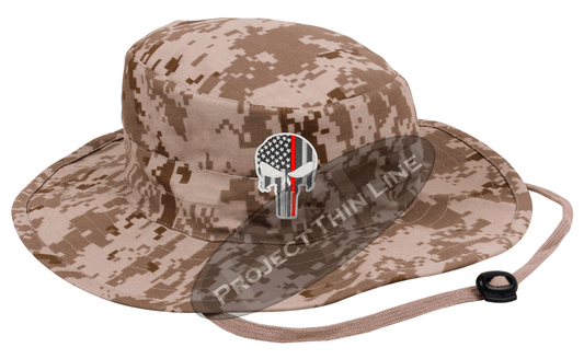 Desert Camouflage Boonie Hat with embroidered Subdued Thin RED Line Punisher 