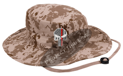Desert Camouflage Boonie Hat with embroidered Subdued Thin RED Line Punisher