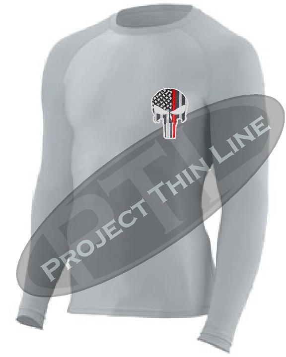 Light Grey Embroidered Thin RED Line Punisher Skull inlayed American Flag Long Sleeve Compression Shirt