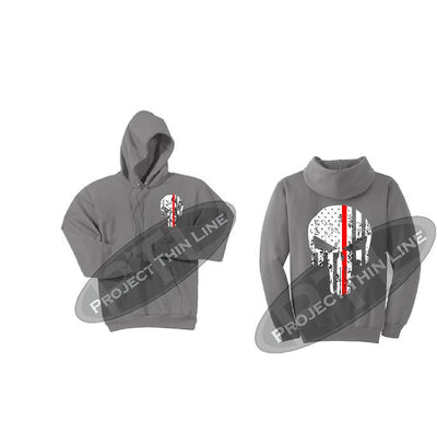 Medium Grey Thin RED Line Punisher Skull inlayed with the Tattered American Flag Hooded Sweatshirt