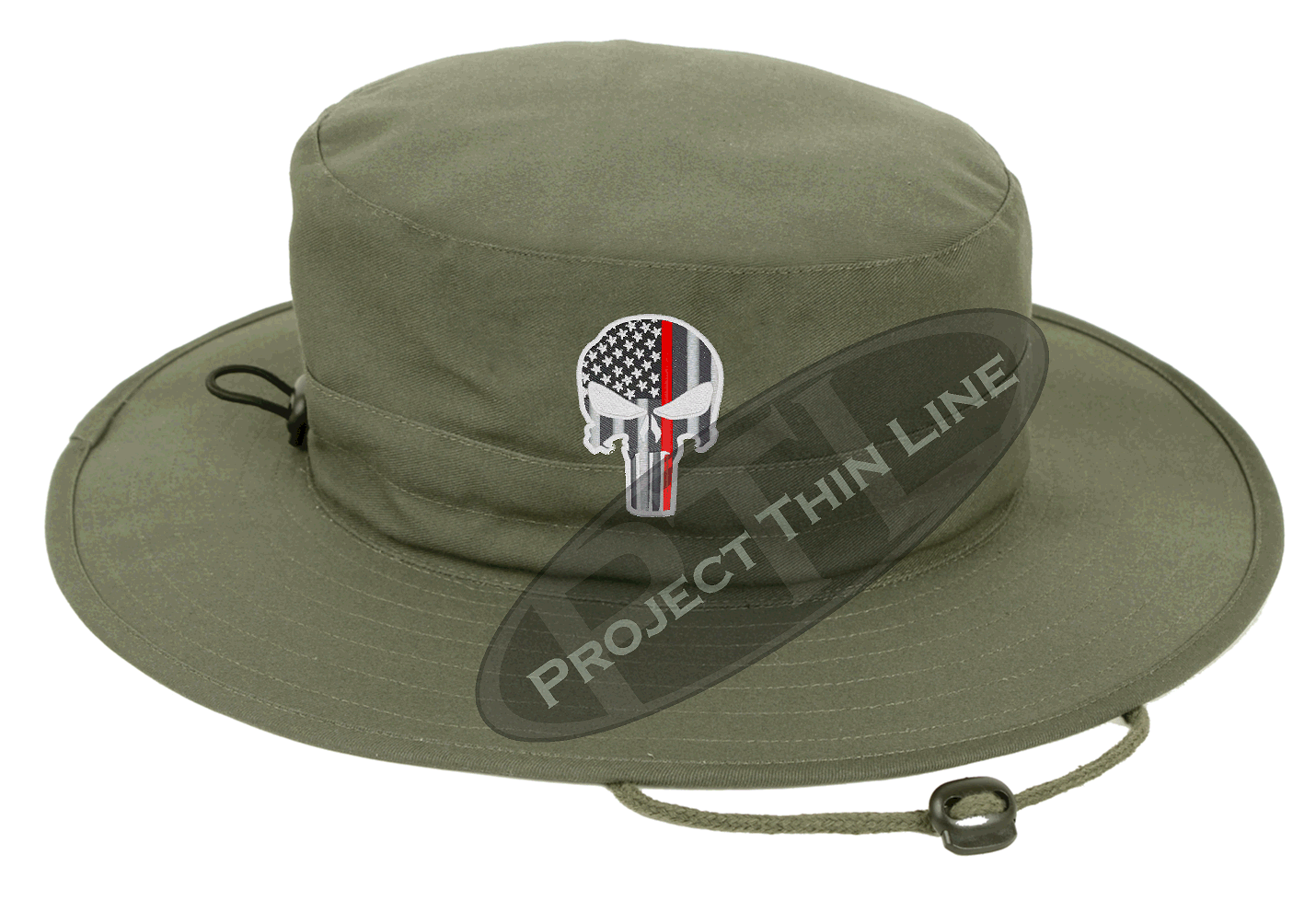 Olive Green Boonie Hat with embroidered Subdued Thin RED Line Punisher