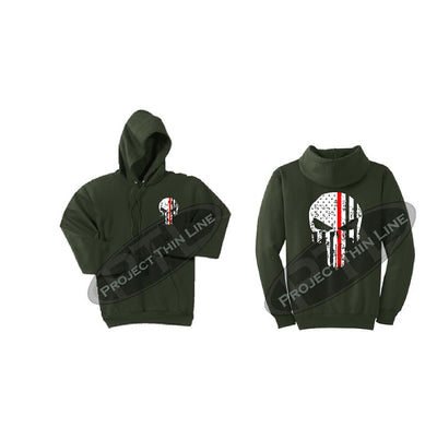 Olive Green Thin RED Line Punisher Skull inlayed with the Tattered American Flag Hooded Sweatshirt