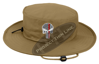 Tan Boonie Hat with embroidered Subdued Thin RED Line Punisher