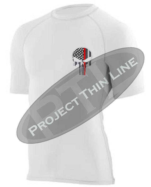 White Embroidered Thin RED Line Punisher Skull inlayed American Flag Short Sleeve Compression Shirt