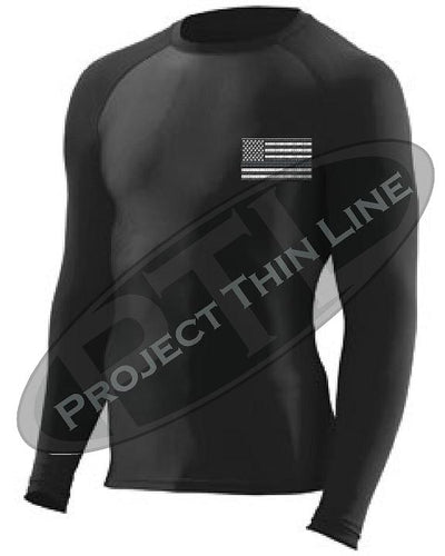 Black Embroidered Thin SILVER Line American Flag Long Sleeve Compression Shirt